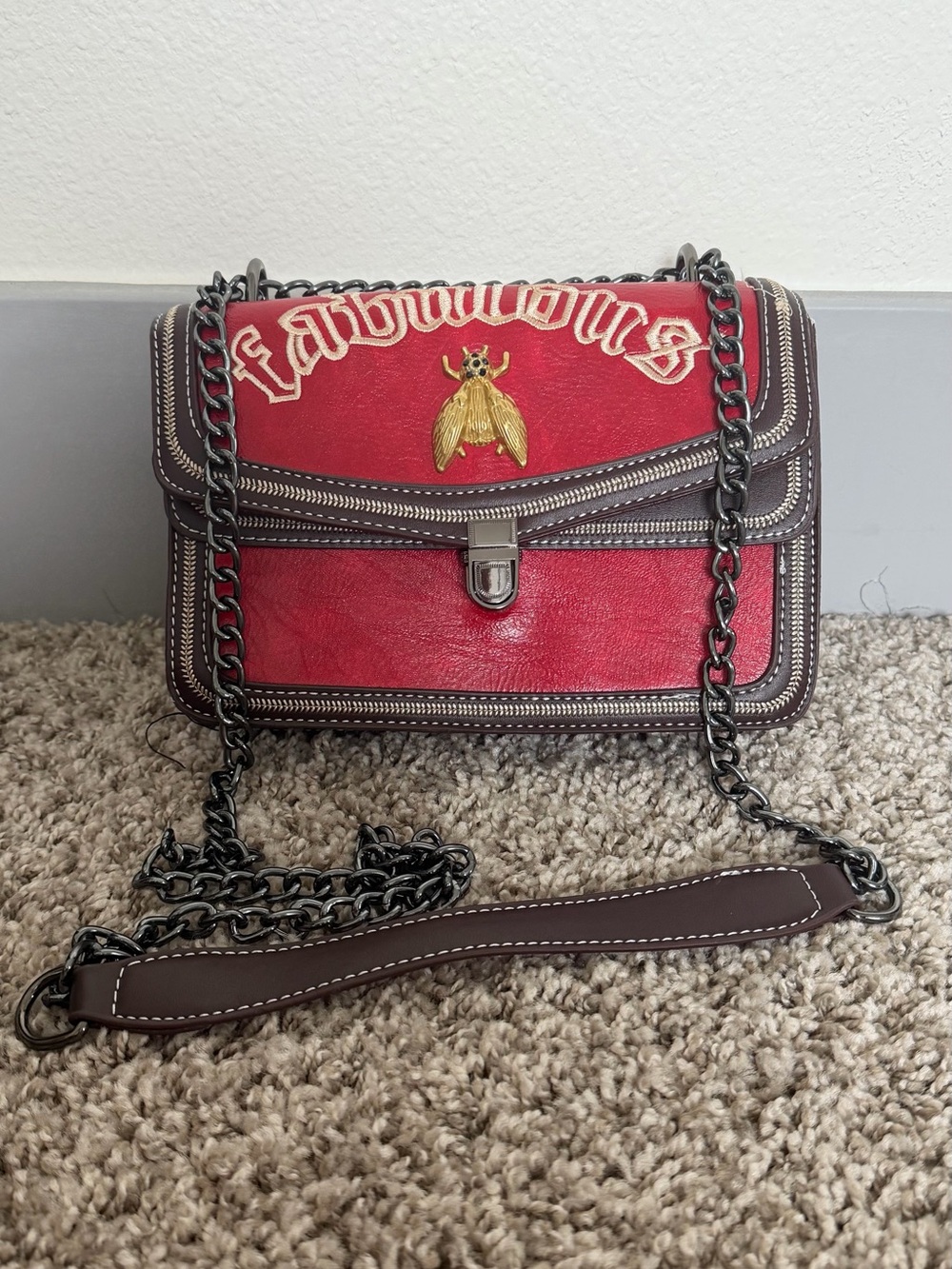 Red Leather Chain Shoulder and Crossbody Bag with Bee Accent